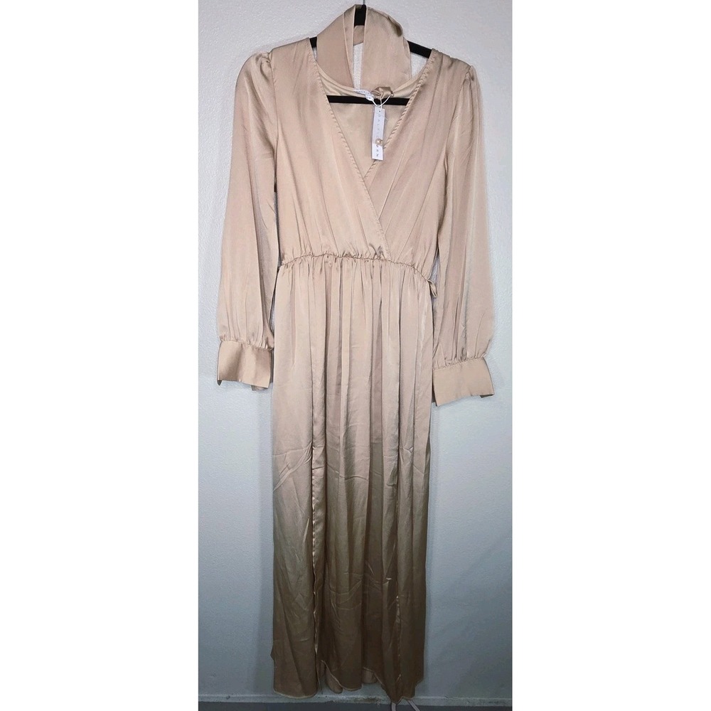 Baltic Born Satin Maxi Dress Champagne Long Sleeve Wrap Tie Romantic Size S NWT